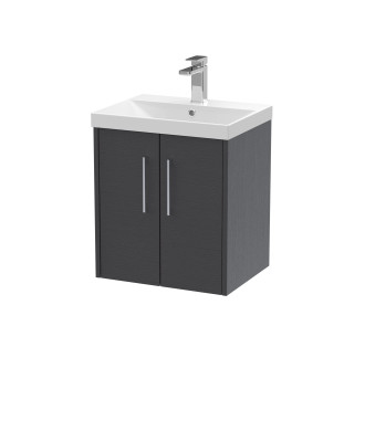Hudson Reed Juno Wall Hung 2-Door Vanity & Thin-Edge 1 Tap Hole Basin, Premium Sink Vanity Unit, Graphite Grey Woodgrain, 500mm