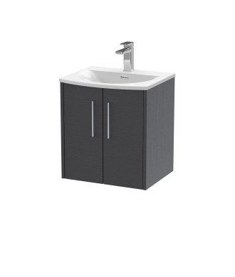 Hudson Reed Juno Wall Hung 2-Door Vanity & Curved 1 Tap Hole Basin, Premium Sink Vanity Unit, Graphite Grey Woodgrain, 500mm