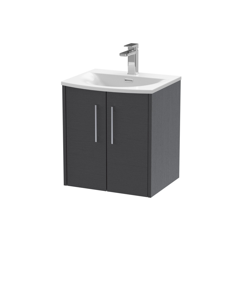 Hudson Reed Juno Wall Hung 2-Door Vanity & Curved 1 Tap Hole Basin, Premium Sink Vanity Unit, Graphite Grey Woodgrain, 500mm