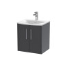 Hudson Reed Juno Wall Hung 2-Door Vanity & Curved 1 Tap Hole Basin, Premium Sink Vanity Unit, Graphite Grey Woodgrain, 500mm