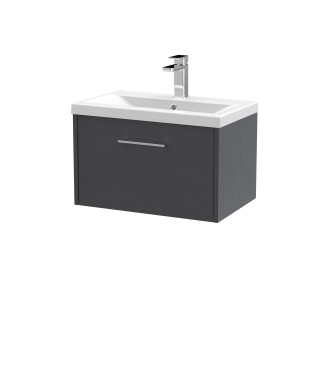 Hudson Reed Juno Wall Hung 1-Drawer Vanity and Mid-Edge 1 Tap Hole Basin, Modern Sink Vanity Unit, Graphite Grey Woodgrain, 6...