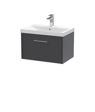 Hudson Reed Juno Wall Hung 1-Drawer Vanity and Thin-Edge 1 Tap Hole Basin, Modern Sink Vanity Unit, Graphite Grey Woodgrain, ...