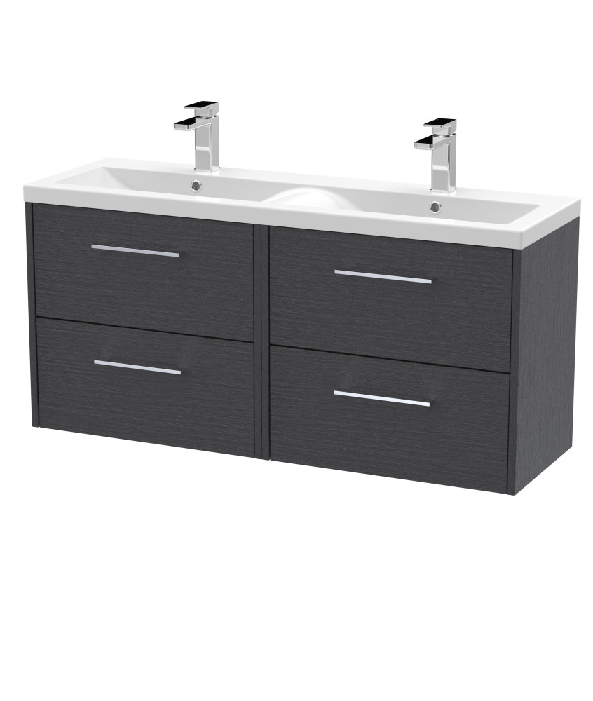 Hudson Reed Fluted Wall Hung 4-Drawer Vanity and Double Vitreous China Basin, Contemporary Sink Vanity Unit, Graphite Grey Wo...