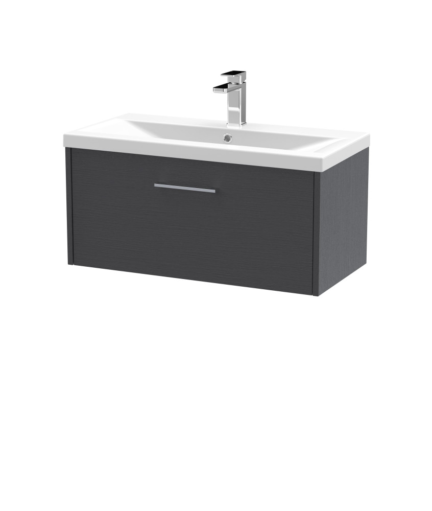 Hudson Reed Juno Wall Hung 1-Drawer Vanity and Mid-Edge 1 Tap Hole Basin, Spacious Sink Vanity Unit, Graphite Grey Woodgrain,...