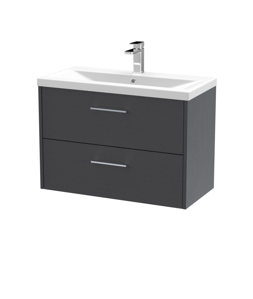 Hudson Reed Juno Wall Hung 2-Drawer Vanity and Mid-Edge 1 Tap Hole Basin, Spacious Sink Vanity Unit, Graphite Grey Woodgrain,...