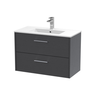 Hudson Reed Juno Wall Hung 2-Drawer Vanity and Minimalist 1 Tap Hole Basin, Spacious Sink Vanity Unit, Graphite Grey Woodgrai...
