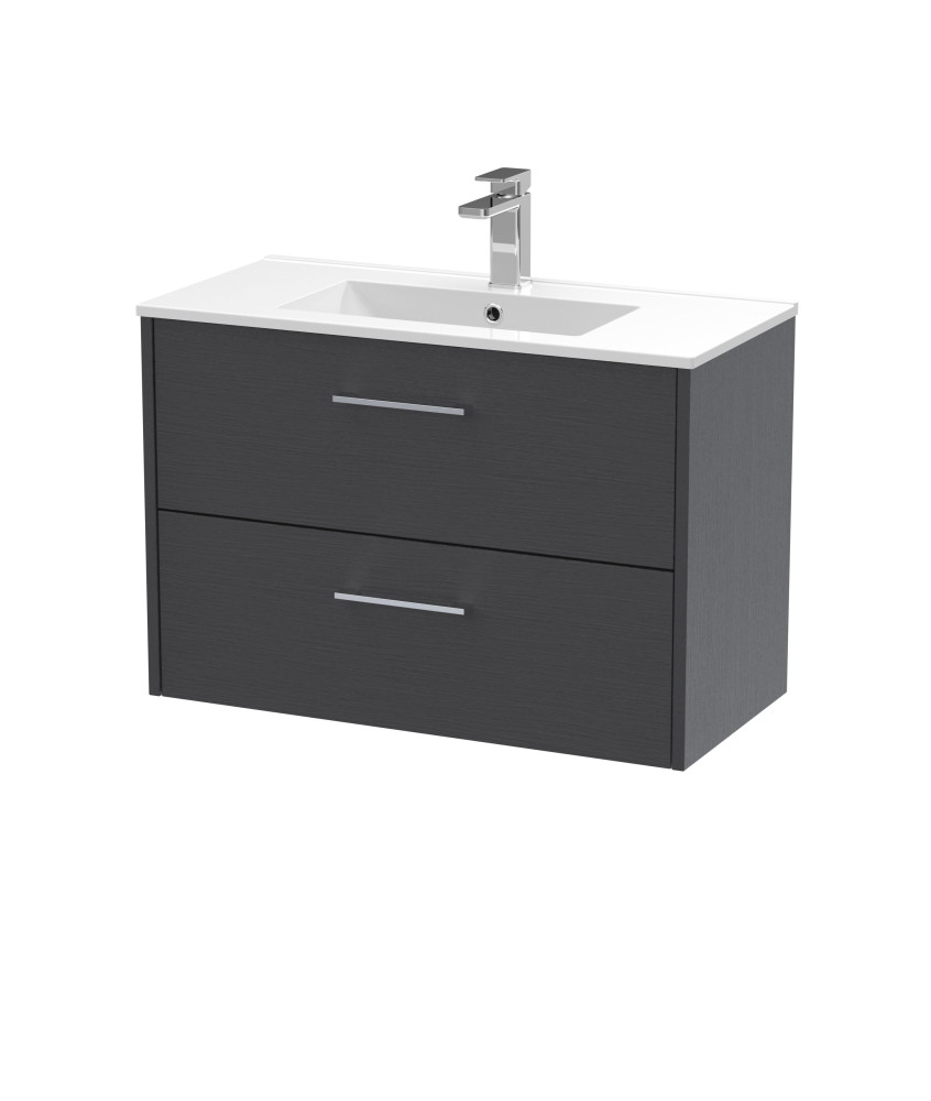Hudson Reed Juno Wall Hung 2-Drawer Vanity and Minimalist 1 Tap Hole Basin, Spacious Sink Vanity Unit, Graphite Grey Woodgrai...