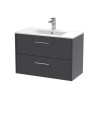 Hudson Reed Juno Wall Hung 2-Drawer Vanity and Minimalist 1 Tap Hole Basin, Spacious Sink Vanity Unit, Graphite Grey Woodgrai...