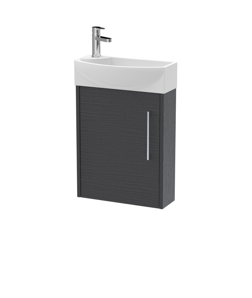 Hudson Reed Juno Compact Wall Hung Single Door Unit and 1 Tap Hole Basin, Right Hand Cloakroom Sink Vanity Unit, Graphite Gre...