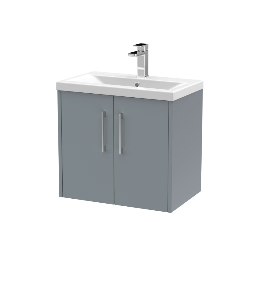 Hudson Reed Juno Wall Hung 2-Door Vanity and Mid-Edge 1 Tap Hole Basin, Timeless Sink Vanity Unit, Coastal Grey, 600mm