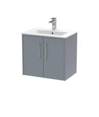 Hudson Reed Juno Wall Hung 2-Door Vanity and Minimalist 1 Tap Hole Basin, Timeless Sink Vanity Unit, Coastal Grey, 600mm