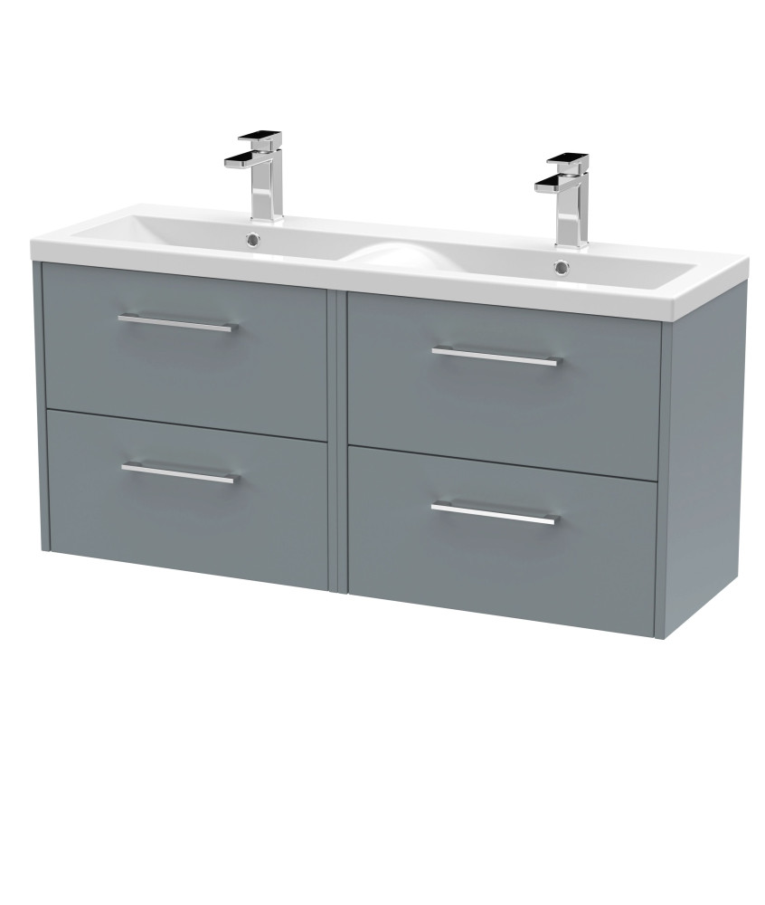 Hudson Reed Fluted Wall Hung 4-Drawer Vanity and Double Vitreous China Basin, Contemporary Sink Vanity Unit, Coastal Grey, 12...