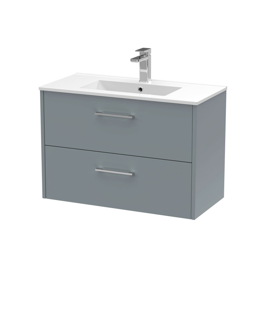 Hudson Reed Juno Wall Hung 2-Drawer Vanity and Minimalist 1 Tap Hole Basin, Timeless Sink Vanity Unit, Coastal Grey, 800mm