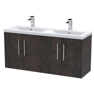 Hudson Reed Fluted Wall Hung 4-Door Vanity and Double Vitreous China Basin, Contemporary Sink Vanity Unit, Metallic Slate, 12...