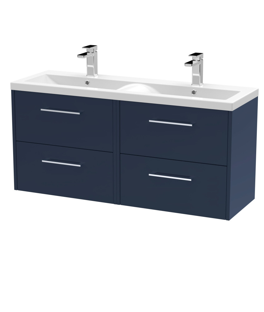 Hudson Reed Juno Wall Hung Vanity Unit with Double Basin 2 Tap Holes, Durable Modern Bathroom Vanity with 4 Soft-Close Drawer...