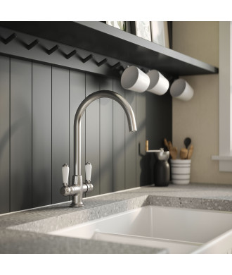 Nuie Cruciform Sink Mixer Kitchen Taps Chrome Finished, Deck Mounted Double Lever White Ceramic Kitchen Sink Taps, Swivel Spo...
