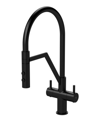 Nuie Ravi Mono Dual Lever Matt Black Finished Kitchen Sink Taps With Pop-Up Waste, Deck Mounted Swivel Spout Kitchen Taps, Tr...