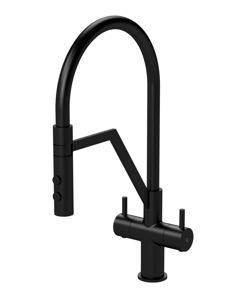 Nuie Ravi Mono Dual Lever Matt Black Finished Kitchen Sink Taps With Pop-Up Waste, Deck Mounted Swivel Spout Kitchen Taps, Tr...