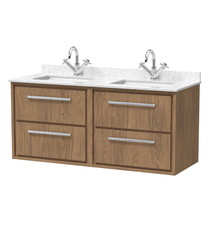 Hudson Reed Lille Wall Hung Vanity Unit with Basin, 4-Drawer Bathroom Vanity with Marble Worktop, Modern Sink Vanity Unit in ...