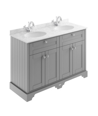 Old London Floor Standing 4 Door Vanity Unit with Grey Marble Double Basin 1 Tap Hole, Traditional Sink Vanity Unit for Bathr...