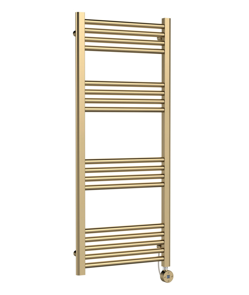 Hudson Reed Electric Round Straight Towel Radiator, Designer Heated Towel Rail with Thermostatic Control in Brushed Brass, 12...
