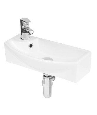 Nuie Juno Compact Curved Ceramic Basin Right Hand 1 Tap Hole, Small Wall Hung Ceramic Wash Basin, Modern Bathroom Sink, White
