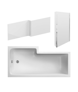 Nuie Right Hand Square Shower Bath Set, Modern Bathtub with Screen & Side Panel, Deep Soaking Bathtub with Legs in White, 1600mm