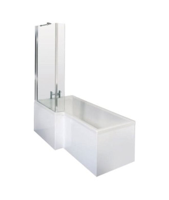 Nuie B Shaped Right Hand Shower Bath Set with Curved Glass Bath Shower Screen & Side Panel, Modern Bath Combo in White, 1500mm