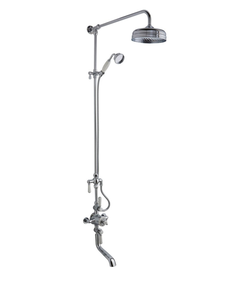 Old London Triple Thermostatic Exposed Shower Valve with Rigid Riser and Topaz, 3 Crosshead Handles, Complete Set in Chrome