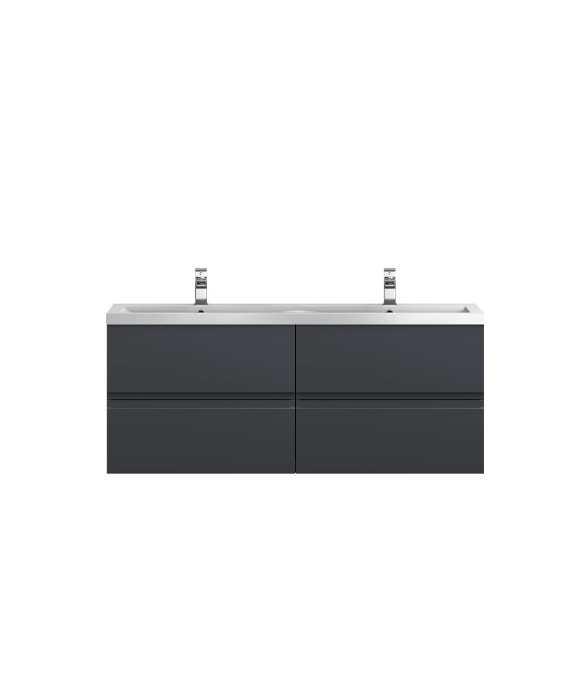 Hudson Reed Urban Wall Hung 4 Drawer Vanity Unit with Double Ceramic Basin, Modern Bathroom Furniture in Soft Black, 1200mm