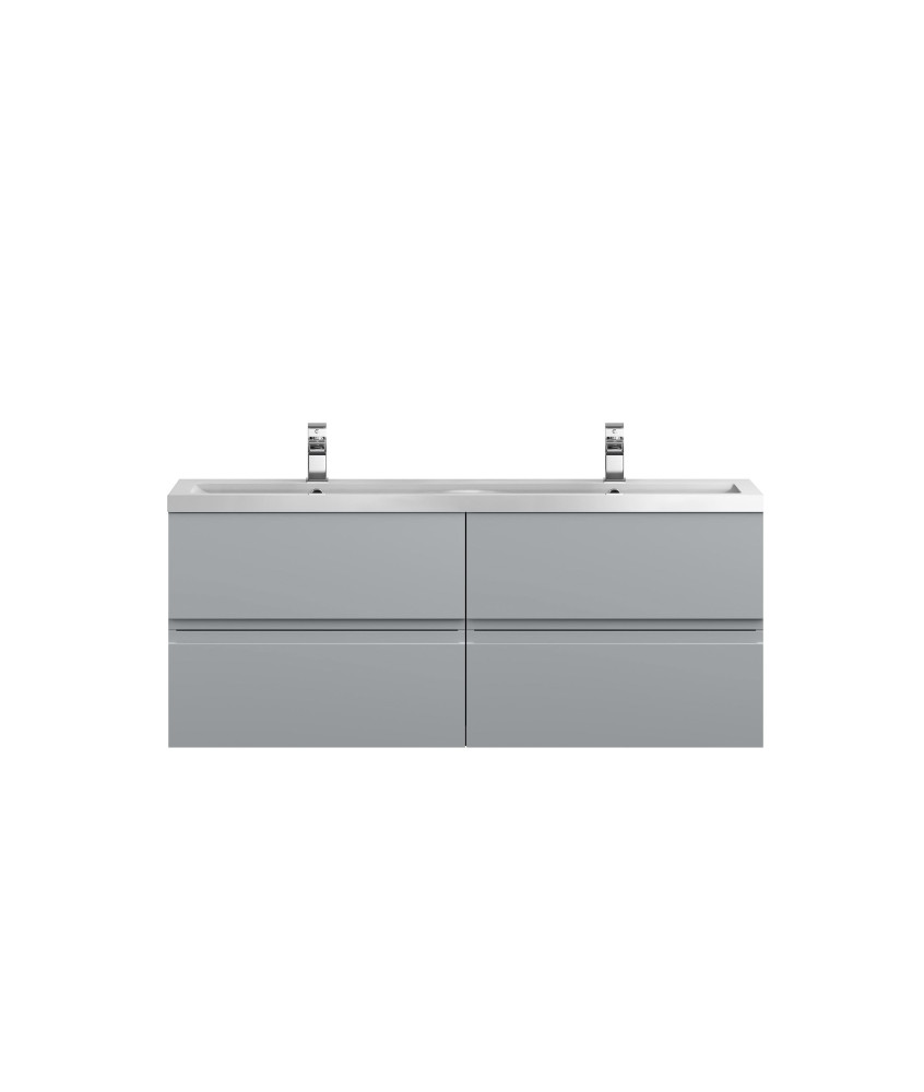 Hudson Reed Urban Wall Hung 4 Drawer Vanity Unit with Double Ceramic Basin, Modern Bathroom Furniture in Satin Grey, 1200mm