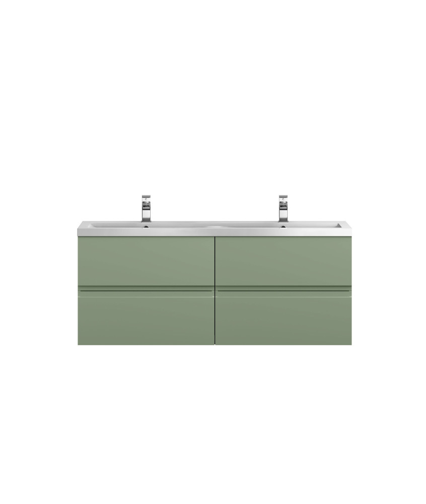 Hudson Reed Urban Wall Hung 4 Drawer Vanity Unit with Double Ceramic Basin, Modern Bathroom Furniture in Satin Green, 1200mm