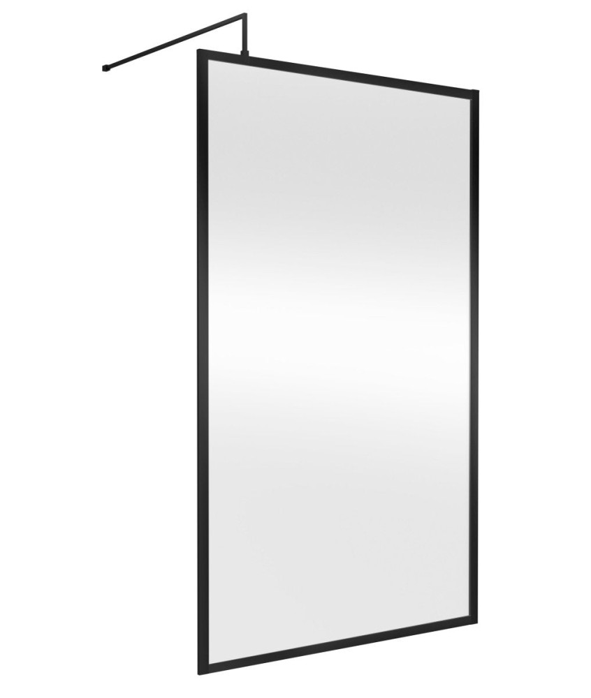 Hudson Reed Full Outer Frame Wetroom Screen, Toughened Glass with Support Bar & Wetroom Shower Screen in Matt Black, 1950x1200mm