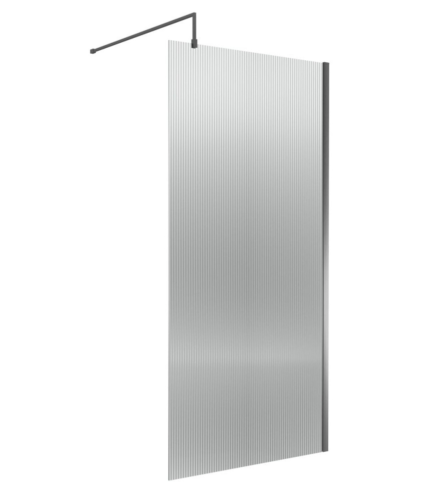 Nuie Fluted Wetroom Screen, Durable Fixed Glass Shower Screen with Support Bar for Wet Room in Brushed Pewter, 1850 x 1000mm
