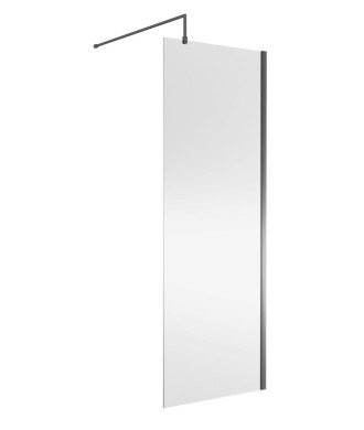 Nuie Wetroom Screen, Durable Toughened Fixed Glass Bathroom Shower Screen with Support Bar in Brushed Pewter, 760 x 1850mm