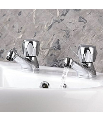 Essentials Round Dome Twin Hot and Cold Sink Basin Taps Brass Faucet Pair with Ceramic Disc Technology - Chrome