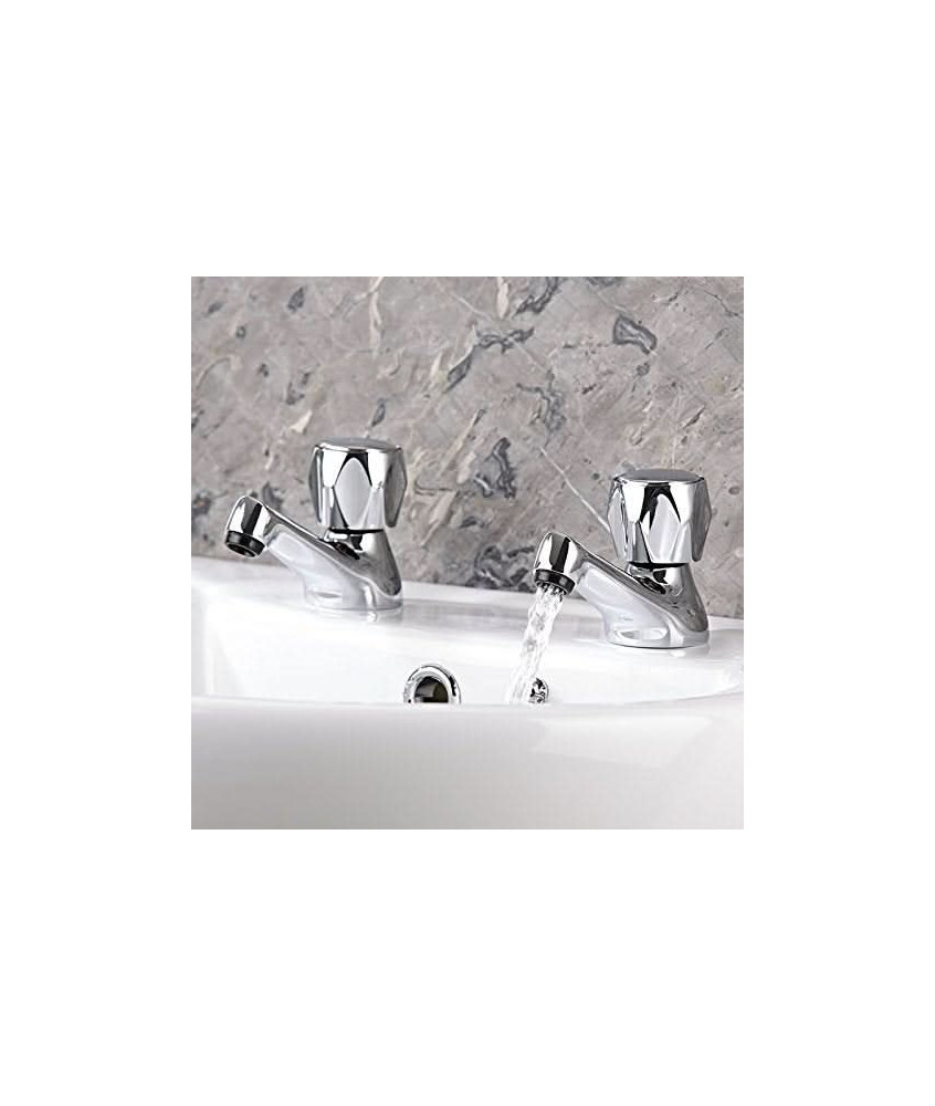 Essentials Round Dome Twin Hot and Cold Sink Basin Taps Brass Faucet Pair with Ceramic Disc Technology - Chrome