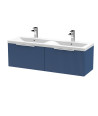 Hudson Reed Fluted Wall Hung 2-Drawer Vanity and Double Ceramic Basin, Premium Sink Vanity Unit, Satin Blue, 1200mm
