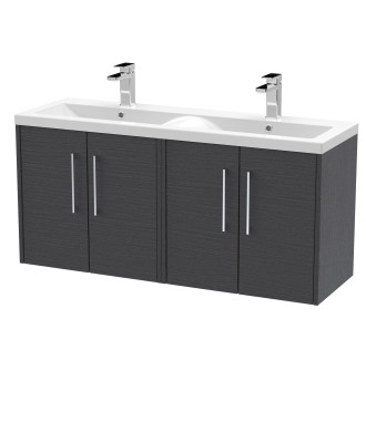 Hudson Reed Fluted Wall Hung 4-Door Vanity and Double Vitreous China Basin, Contemporary Sink Vanity Unit, Graphite Grey Wood...