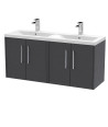 Hudson Reed Fluted Wall Hung 4-Door Vanity and Double Vitreous China Basin, Contemporary Sink Vanity Unit, Graphite Grey Wood...