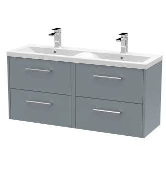 Hudson Reed Fluted Wall Hung 4-Drawer Vanity and Double Vitreous China Basin, Contemporary Sink Vanity Unit, Coastal Grey, 12...