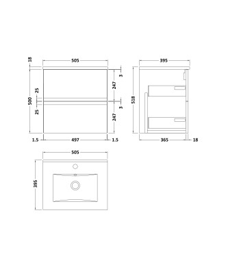 Hudson Reed Urban Wall Hung 2 Drawer Vanity Unit with Minimalist Ceramic Basin, Modern Bathroom Furniture in Satin Blue, 500mm
