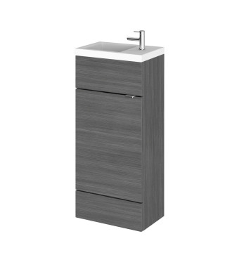 Hudson Reed Fusion Floor Standing 1 Door Vanity Unit & Compact Polymarble Basin, Compact, Anthracite Woodgrain, 400mm