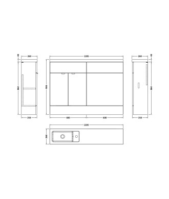 Hudson Reed Fusion Floor Standing 2 Door Vanity Basin & WC Combination Compact, Bathroom Storage Unit, Gloss Grey, 1200mm
