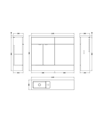 Hudson Reed Fusion Floor Standing 2 Door Vanity Basin & WC Combination Compact, Sink Vanity Unit, Gloss Grey, 1100mm
