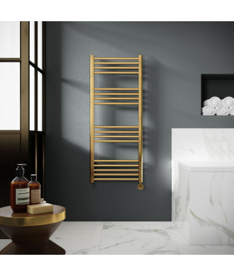 Hudson Reed Electric Round Straight Towel Radiator, Designer Heated Towel Rail with Thermostatic Control in Brushed Brass, 12...