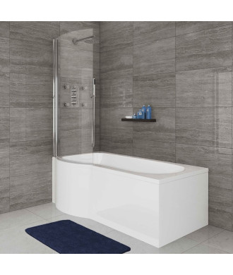 iBathUK Trena Left Hand P-Shaped Shower Bath, Modern Acrylic Bathtub with Glass Screen & Matching Side Panel, P Shaped Bathtu...