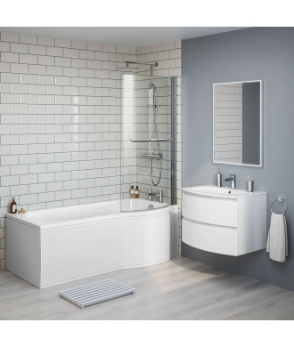 iBathUK Solna P-Shaped Shower Bath Set, Modern Acrylic Bathtub with 6mm Glass Screen, P Shaped Bathtub Panel, Chrome Rail & M...