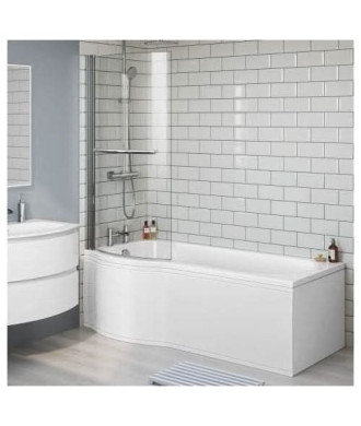 iBathUK Elantia Left Hand P-Shaped Shower Bath, 6mm Glass Screen, Chrome Rail & Front Panel Included, P Shaped Bathtub Panel,...
