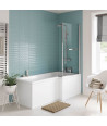 iBathUK Quell Right Hand L-Shaped Shower Bath, White Acrylic Bathtub with Glass Screen, Chrome Rail & Side Panel, L Shaped Ba...
